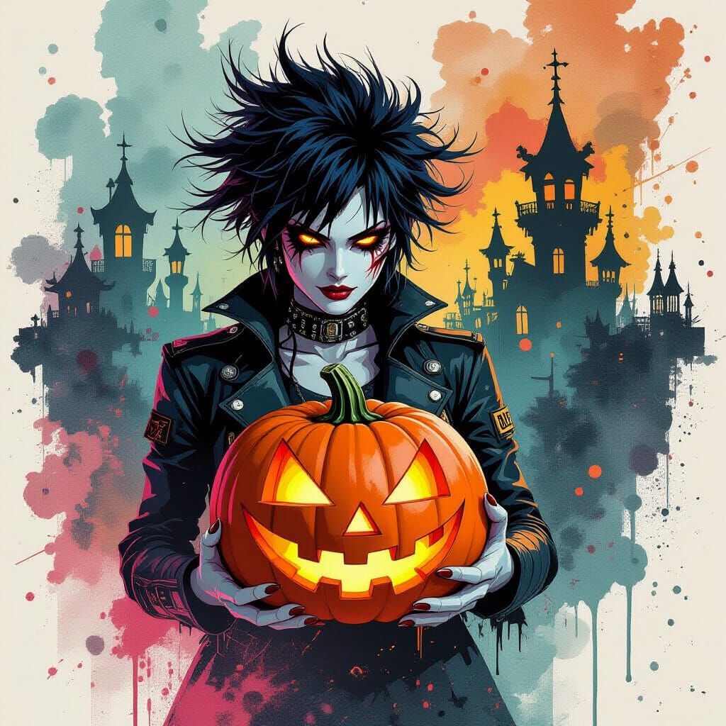 Goth Cyberpunk Pumpkin Character in Dramatic Collage Style