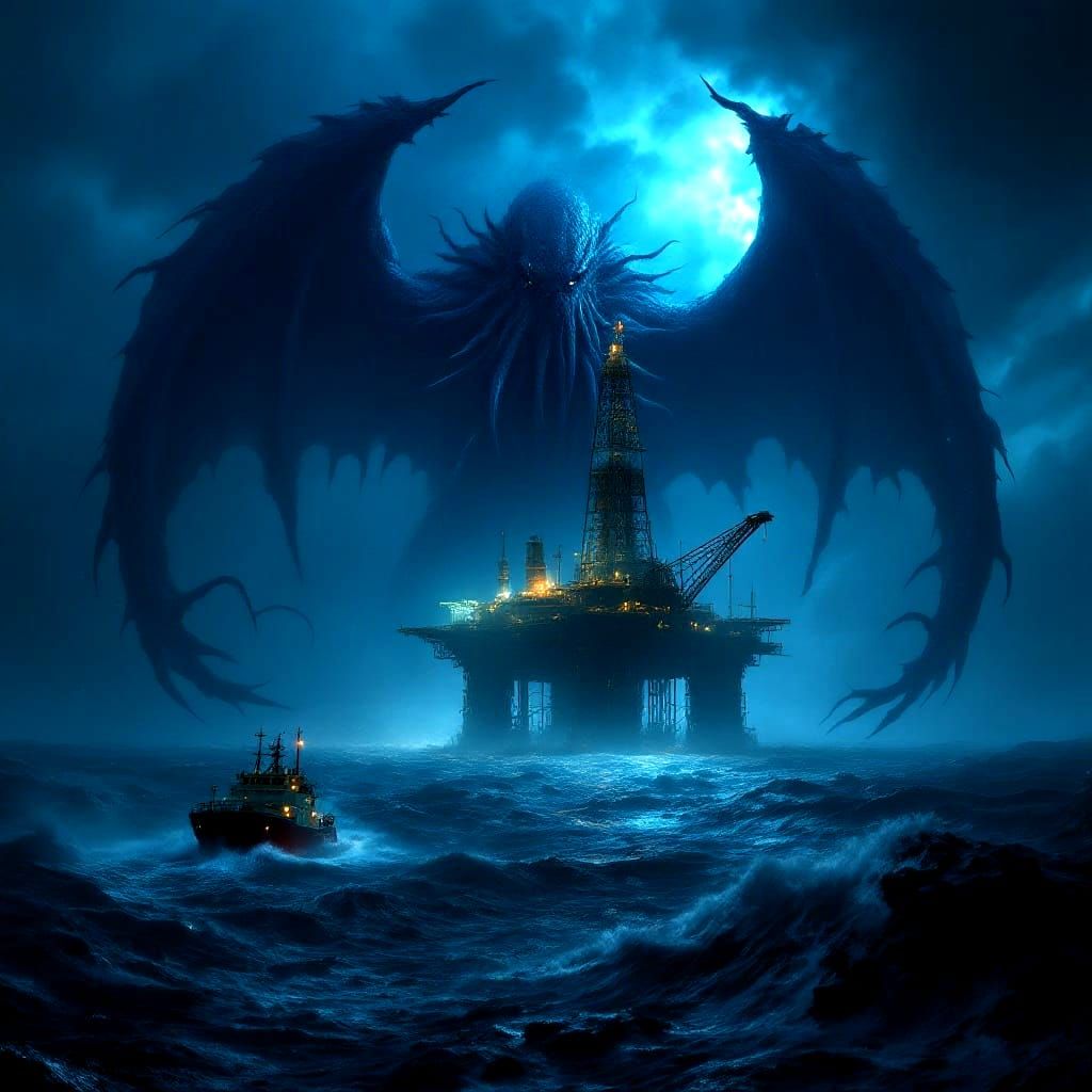 Cthulhu Looms Over Oil Rig in Baroque Style