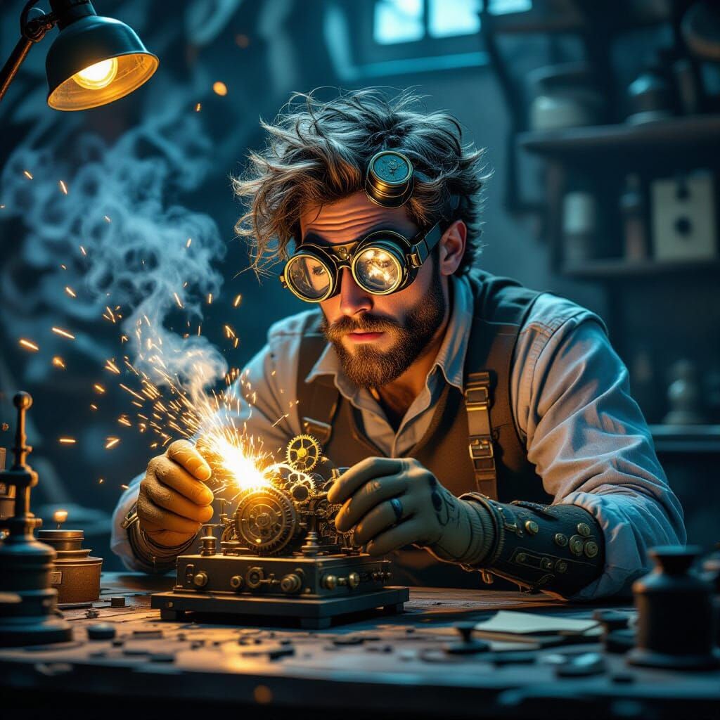 Steampunk Inventor Works On Clockwork Device