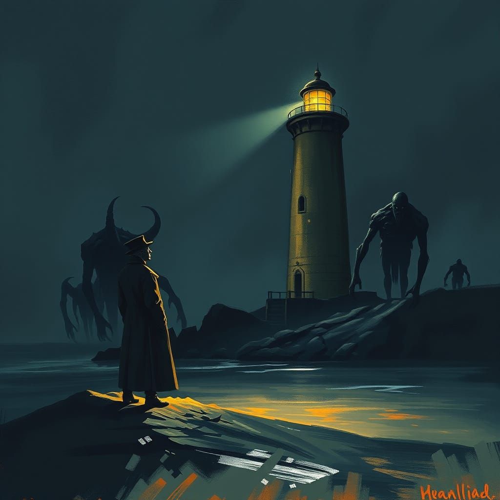 Lighthouse Keeper Faces Eldritch Horrors on Dark Beach