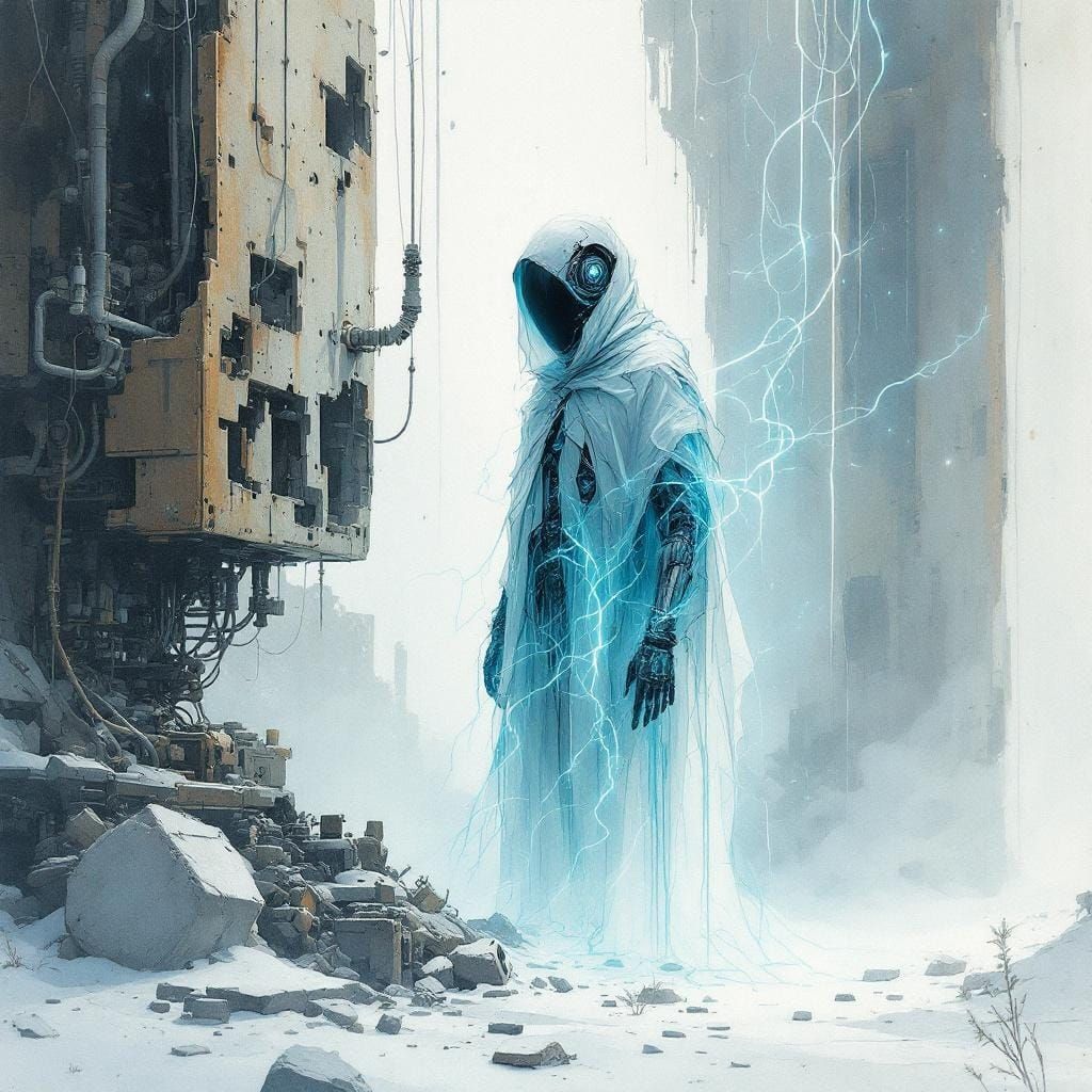 Ethereal Ghost Emerges from Ruined Android, Watercolour