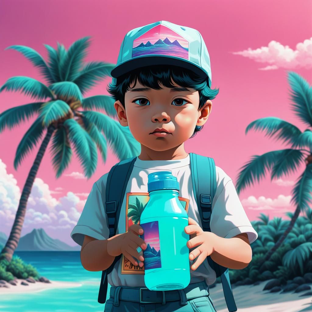 Vaporwave Boy in Hawaiian Paradise