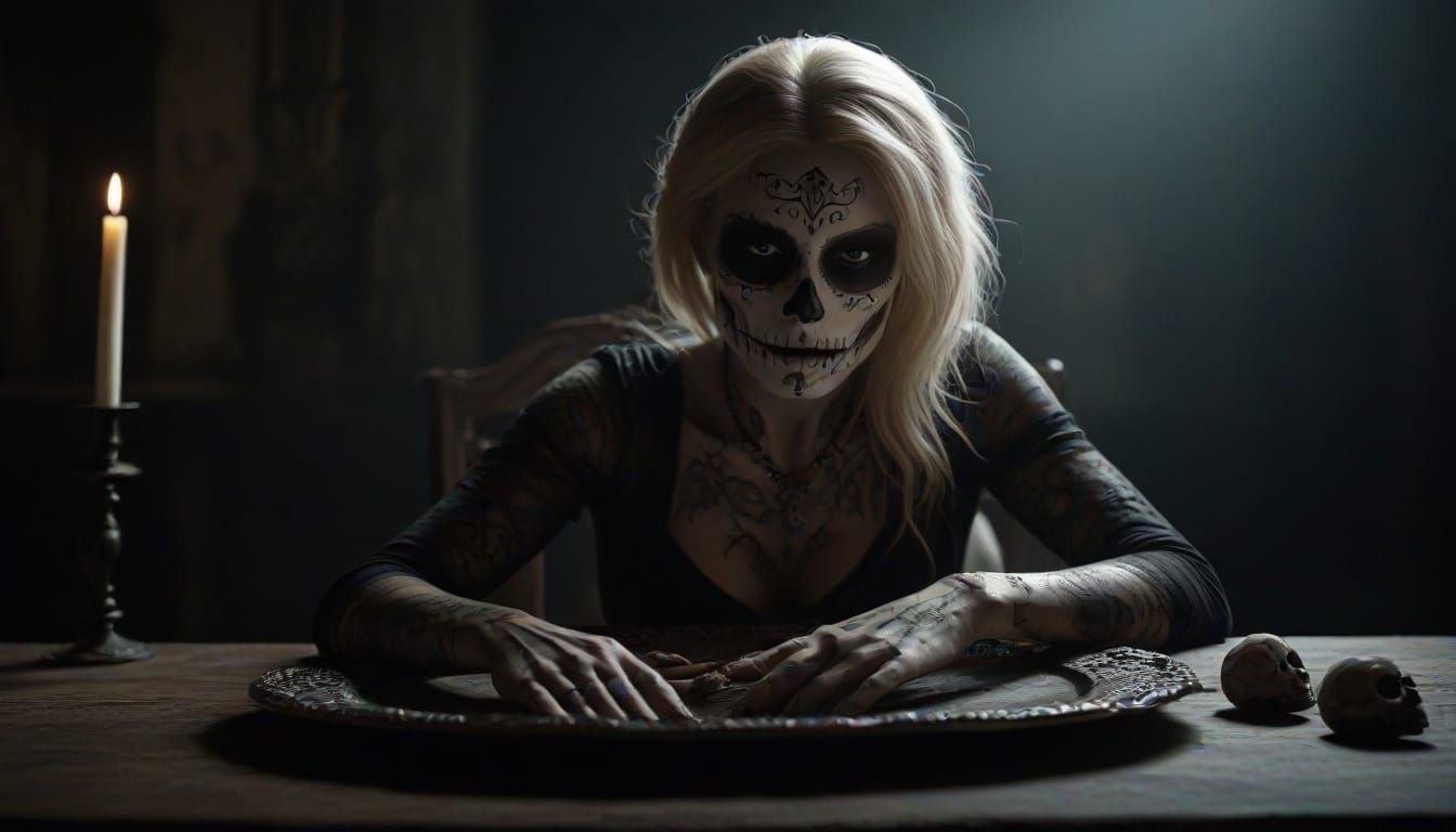 Gothic Woman with Sugar Skull Makeup in Dark Fantasy Art