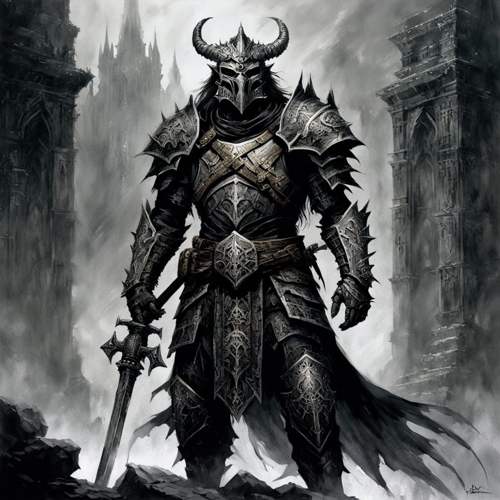 Dragonborn Warrior in Gothic Armor in Misty Ruins
