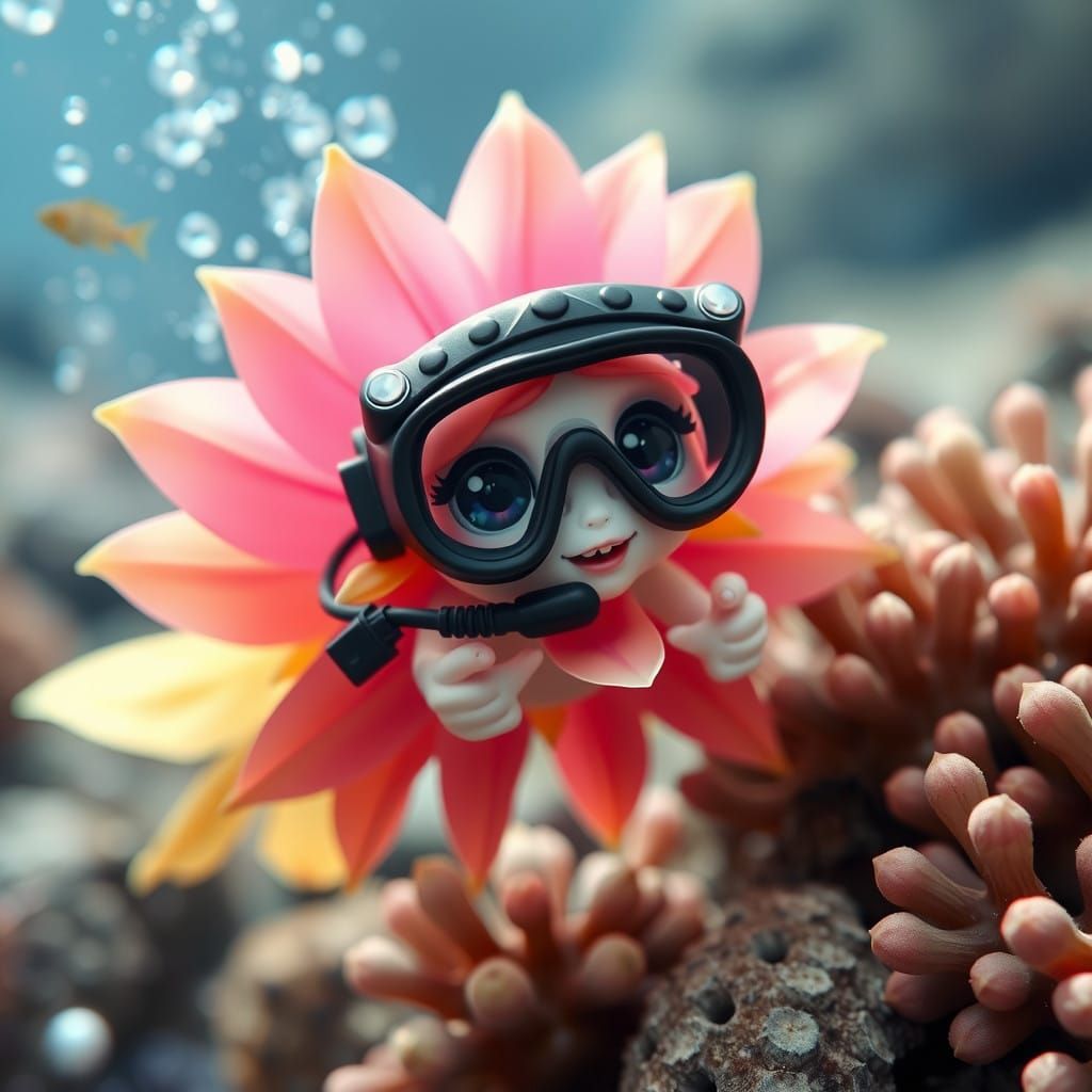 Whimsical Floral Diver Explores the Ocean Depths