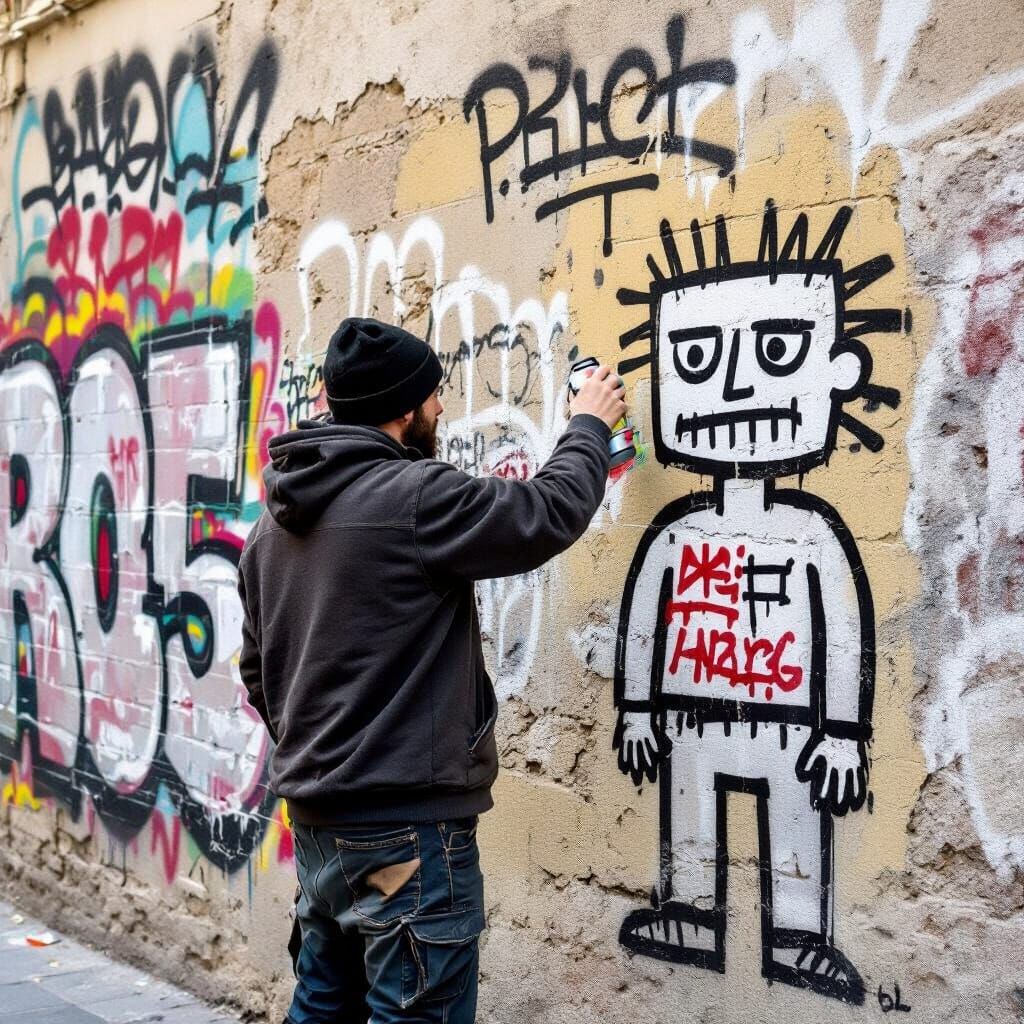 Man Spray-Painting a Wall in Paris, Street Art Style
