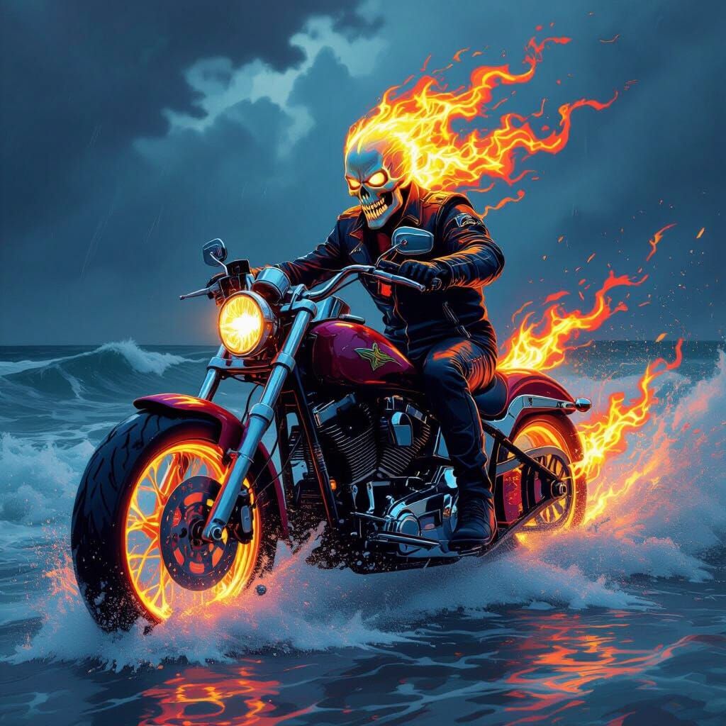 Ghost Rider on Demonic Motorcycle Through Stormy Ocean