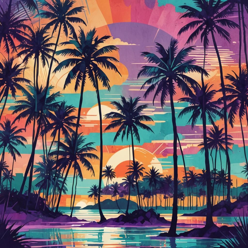 Tropical Island Sunset in Bauhaus-Inspired Digital Art