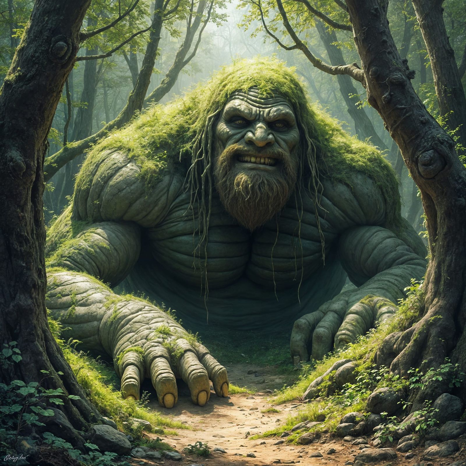 Stone Golem in Forest Grove: Gritty Fantasy Art