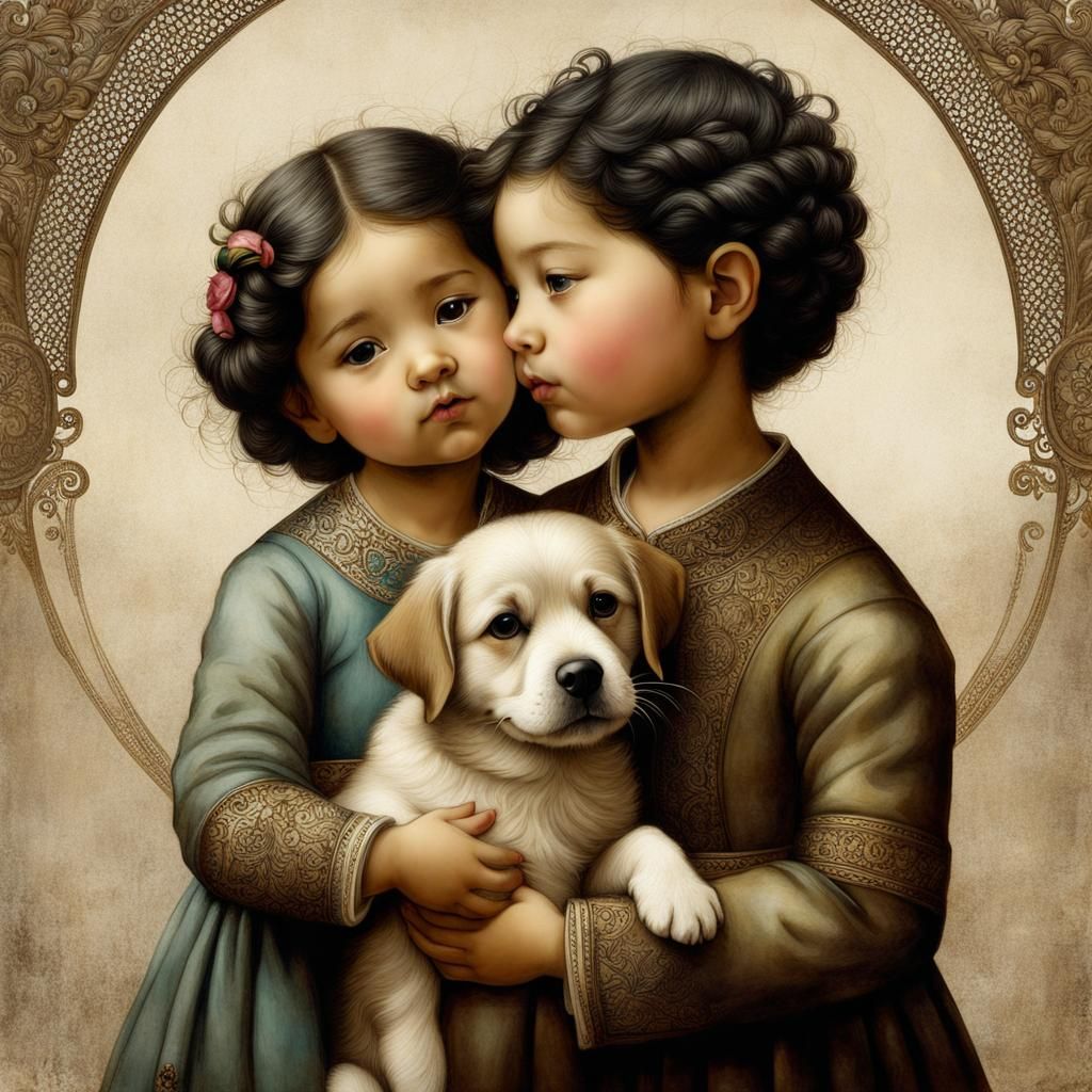 Toddler Siblings with Dog: Intricate Detailed Portrait