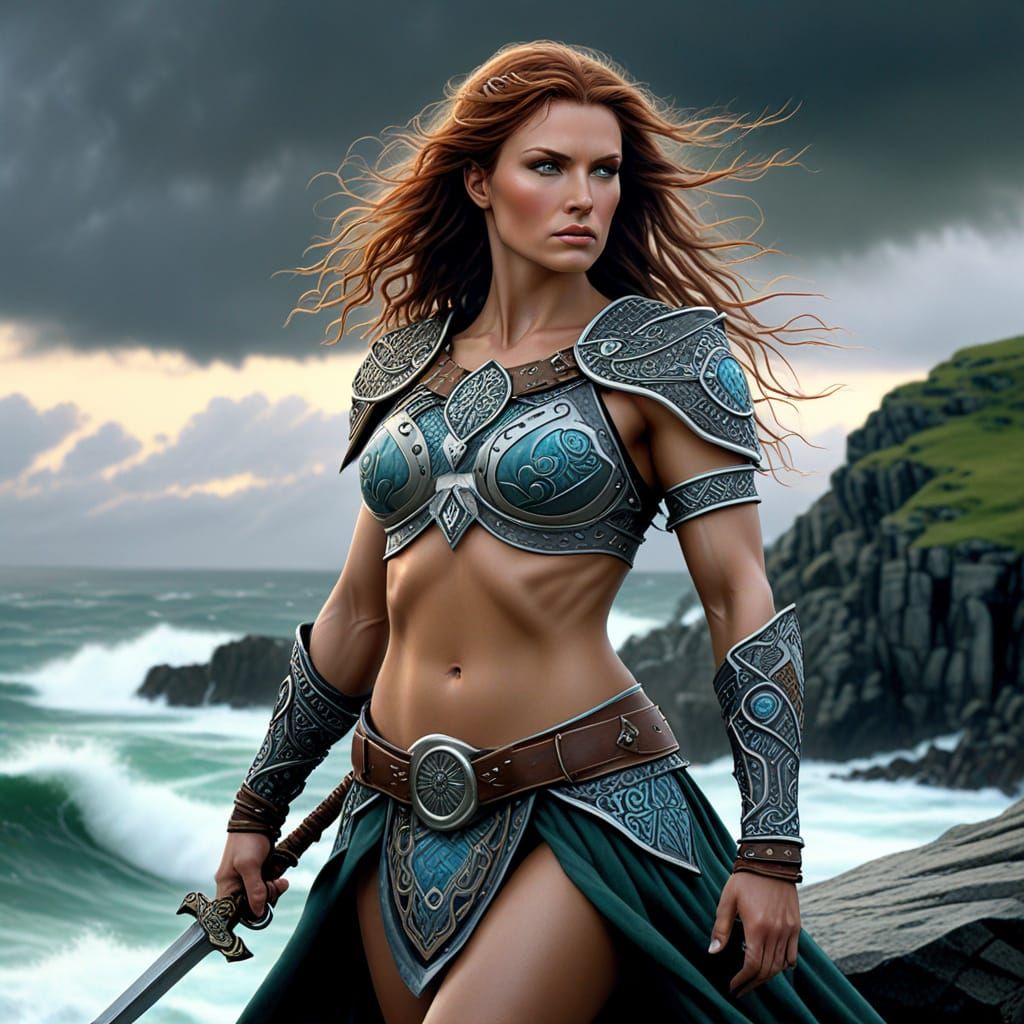 Cyberpunk Warrior Woman in Stormy Seascape