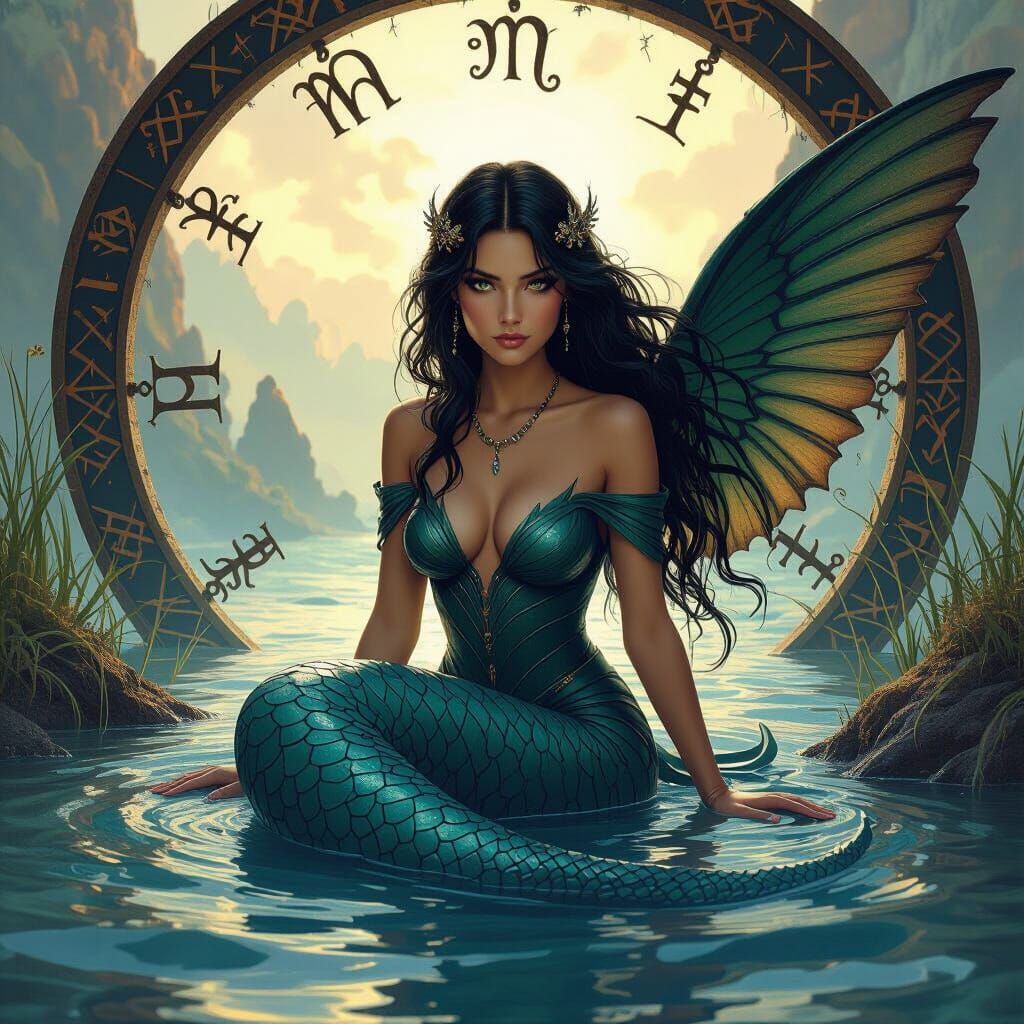 Mystical Siren Amidst Zodiac Symbols: Atmospheric Art