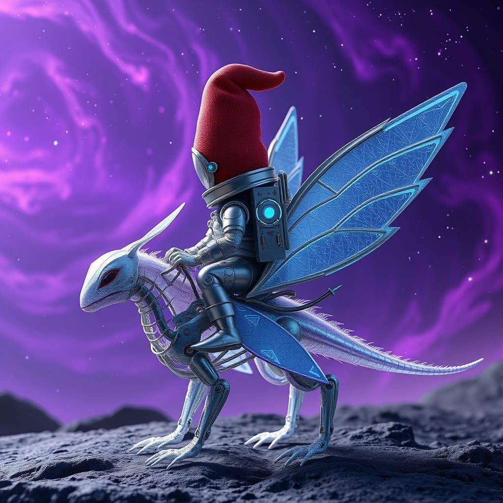 Gnome in Futuristic Spacesuit Rides Majestic Alien Companion
