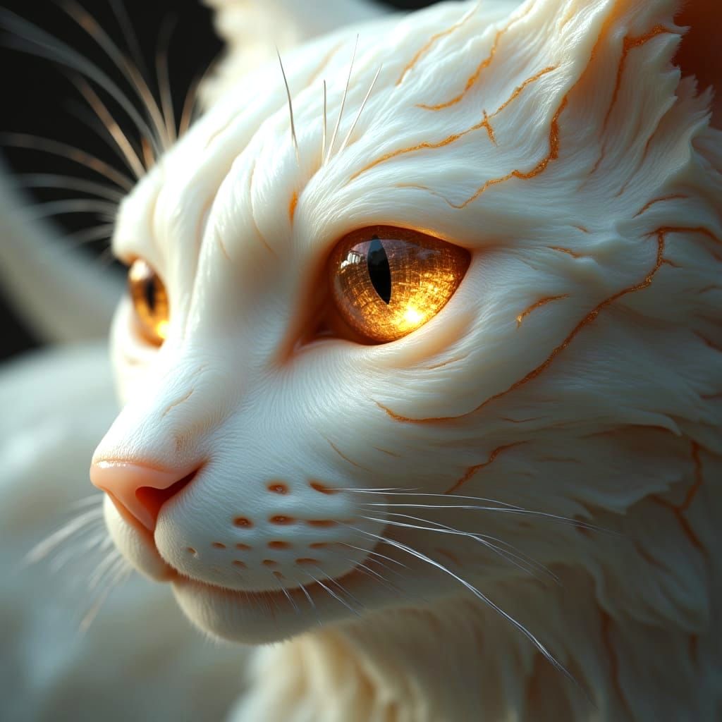 Alabaster Cat Sculpture With Glowing Amber Eye