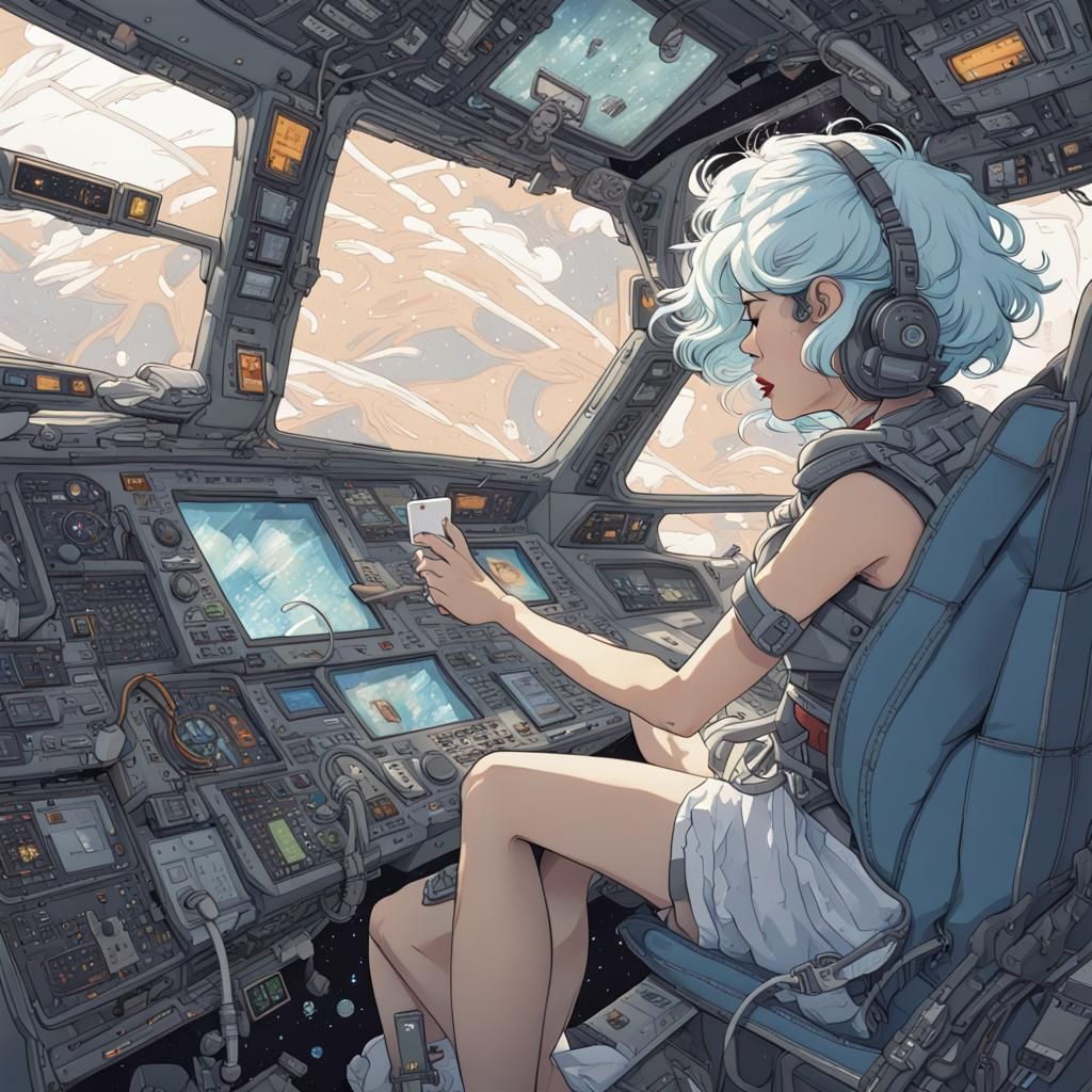 Cyberpunk Cockpit Scene with Blue-Haired Pilot