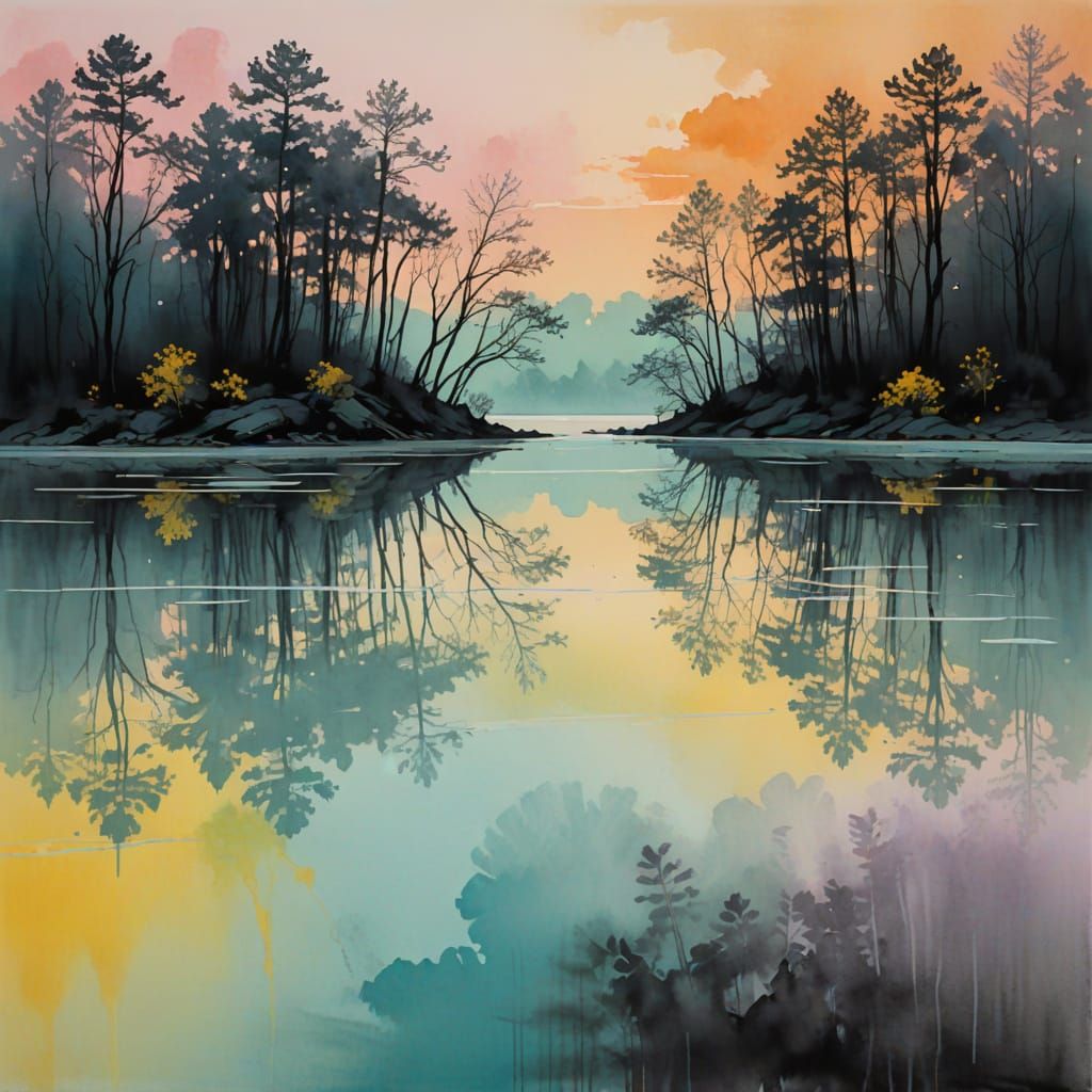 Ethereal Forest Lake in Pastel Neon, Vaporwave Style