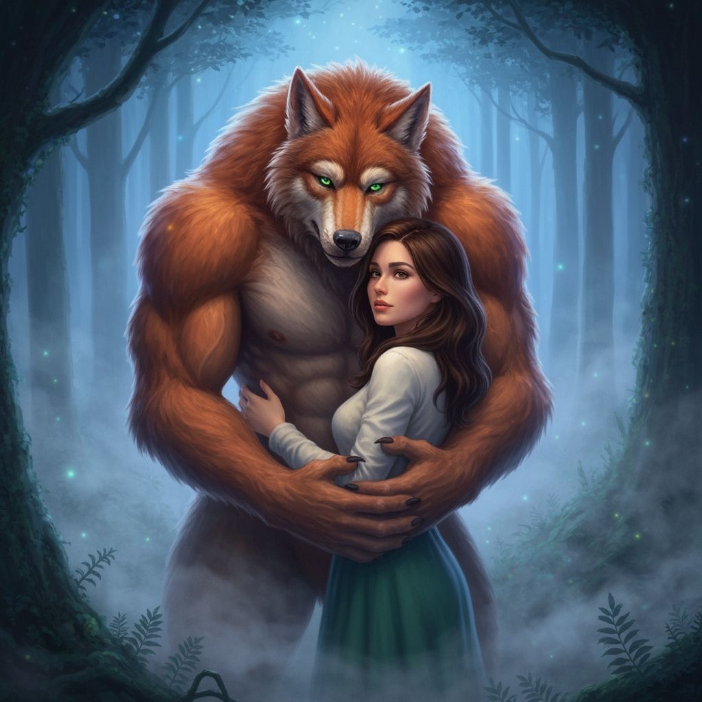 Werewolf and Human Embrace in Ethereal Forest