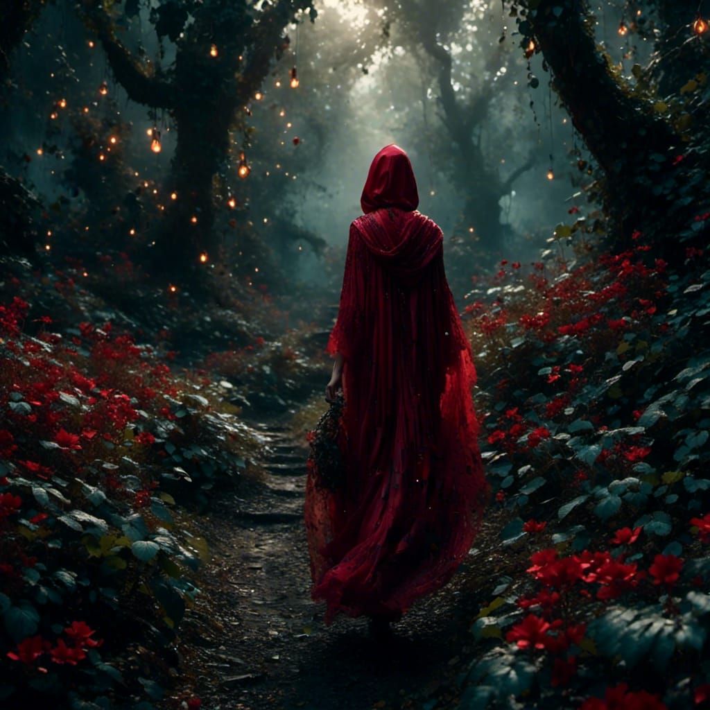 Red Riding Hood in Lush Fantasy Forest Art