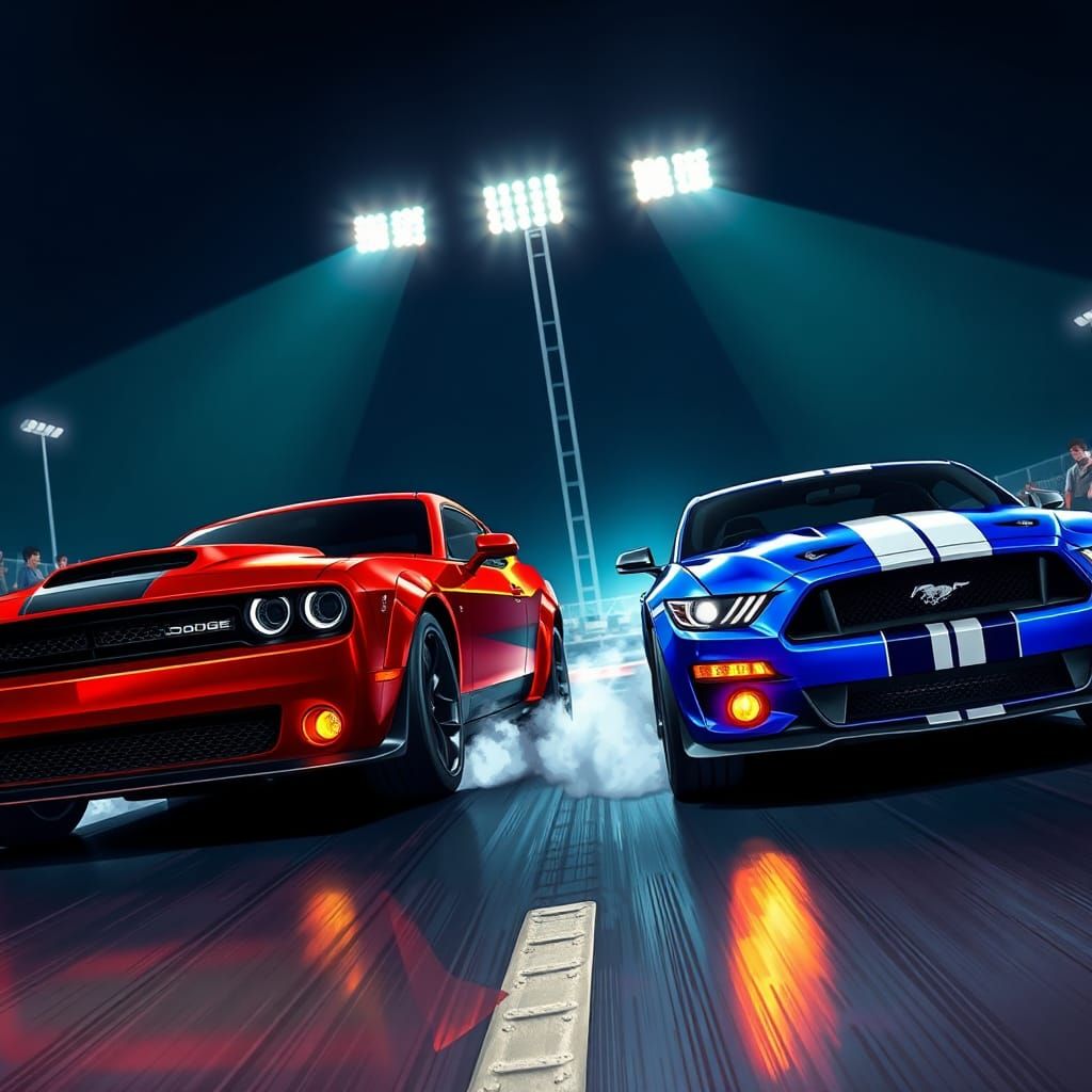 High-Octane Drag Race: Demon vs. Mustang in Anime Style