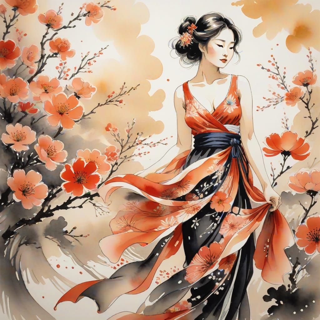Woman Surrounded by Flowers in Sumi-e Painting