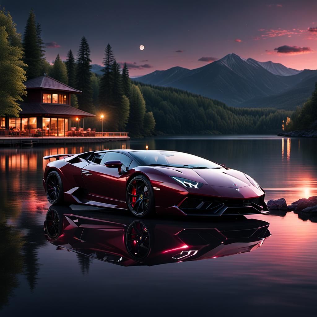 A black cherry SIÁN FKP 37 limited series Lamborghini parked on a lakefront on a warm spring night
