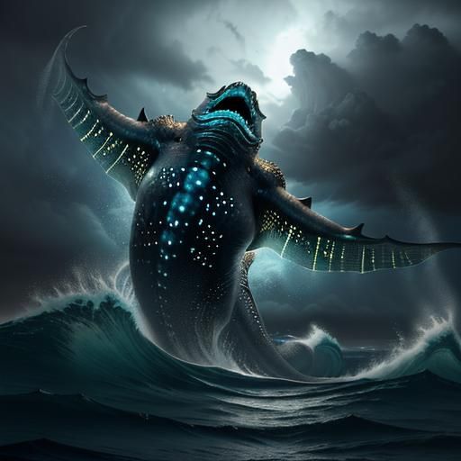 Colossal Bioluminescent Sea Monster Breaching Ocean Surface