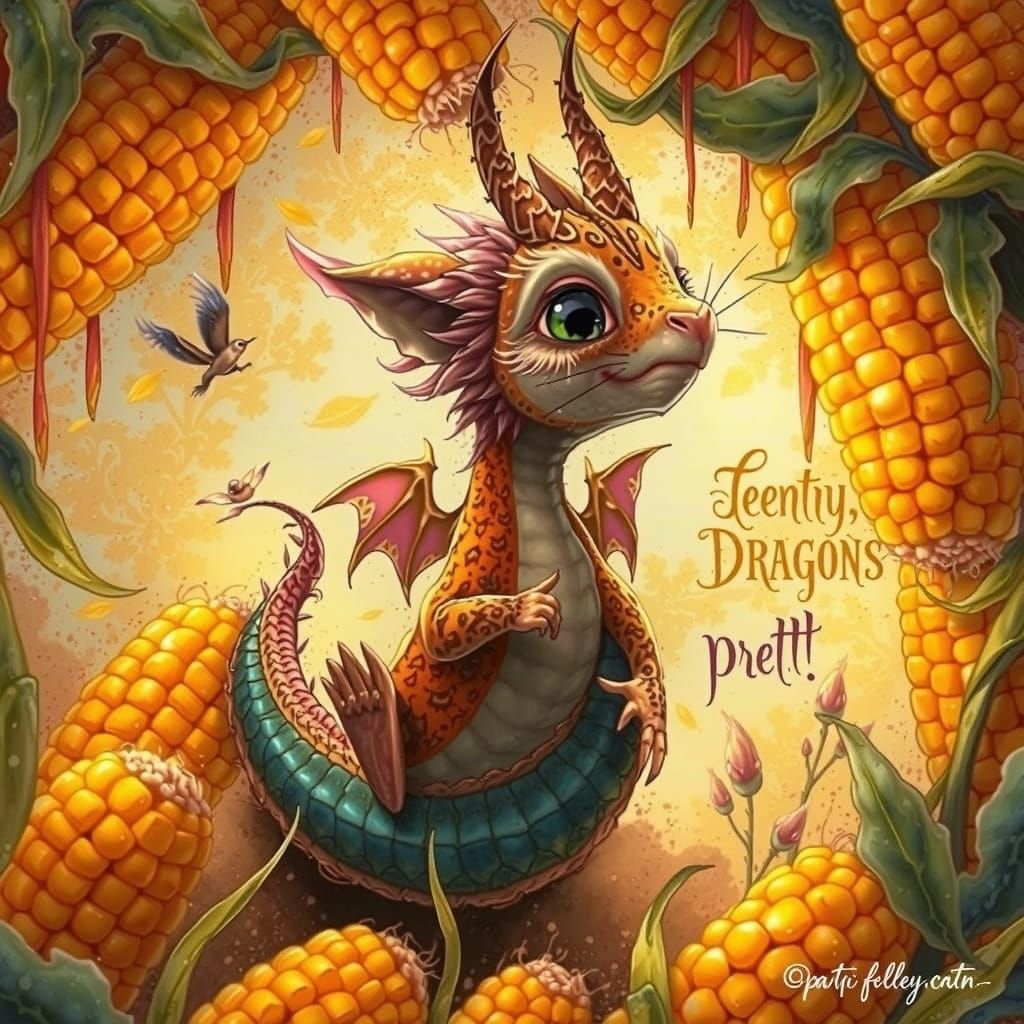 Whimsical Dragon Cornfield Scene in Dreamlike Style