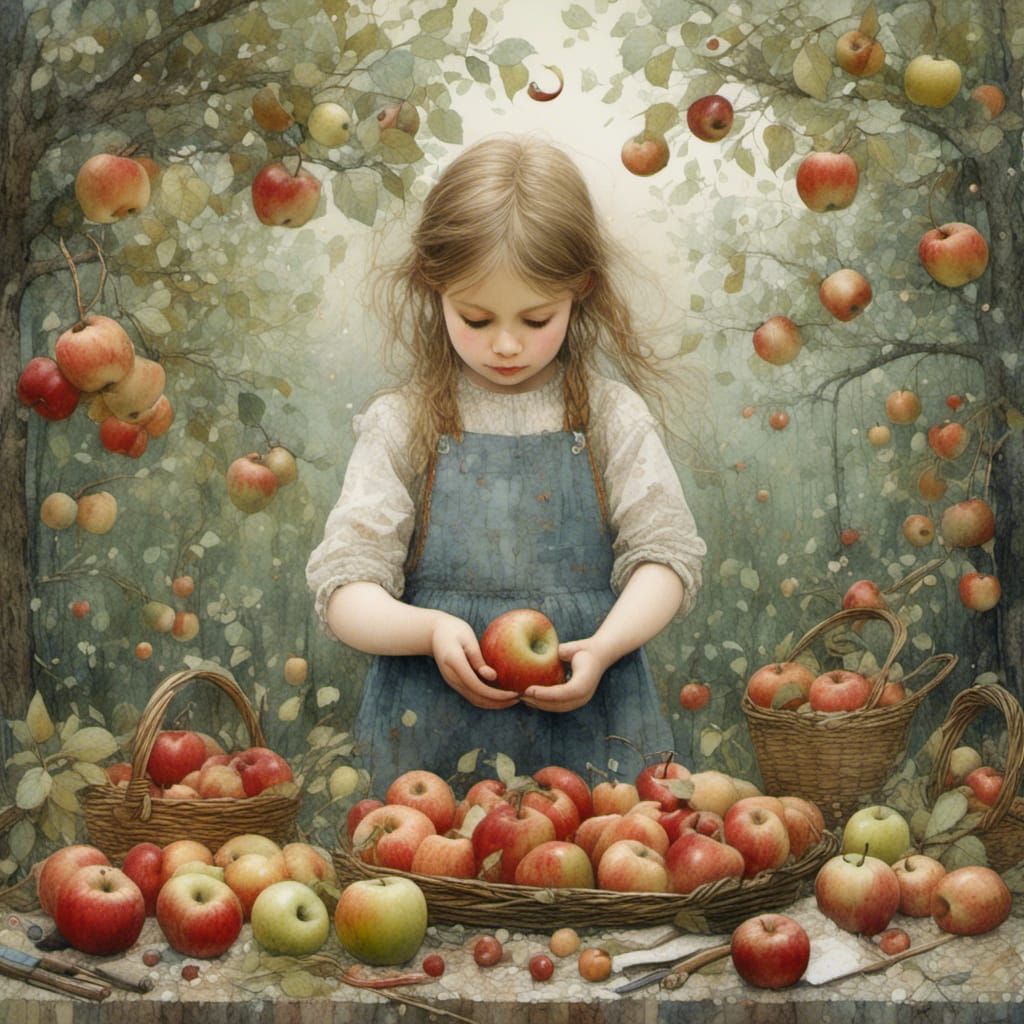 Girl with Apples in Encaustic Watercolour Style