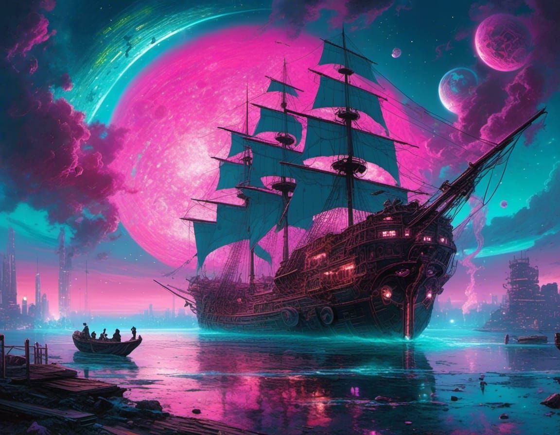 Cyberpunk Pirate Ship Sailing in Pink Bioluminescent Sea