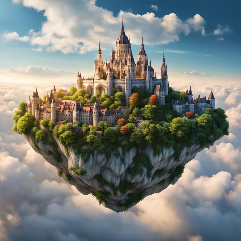 Floating Island City in Clouds: Hyperrealistic Fairy Tale