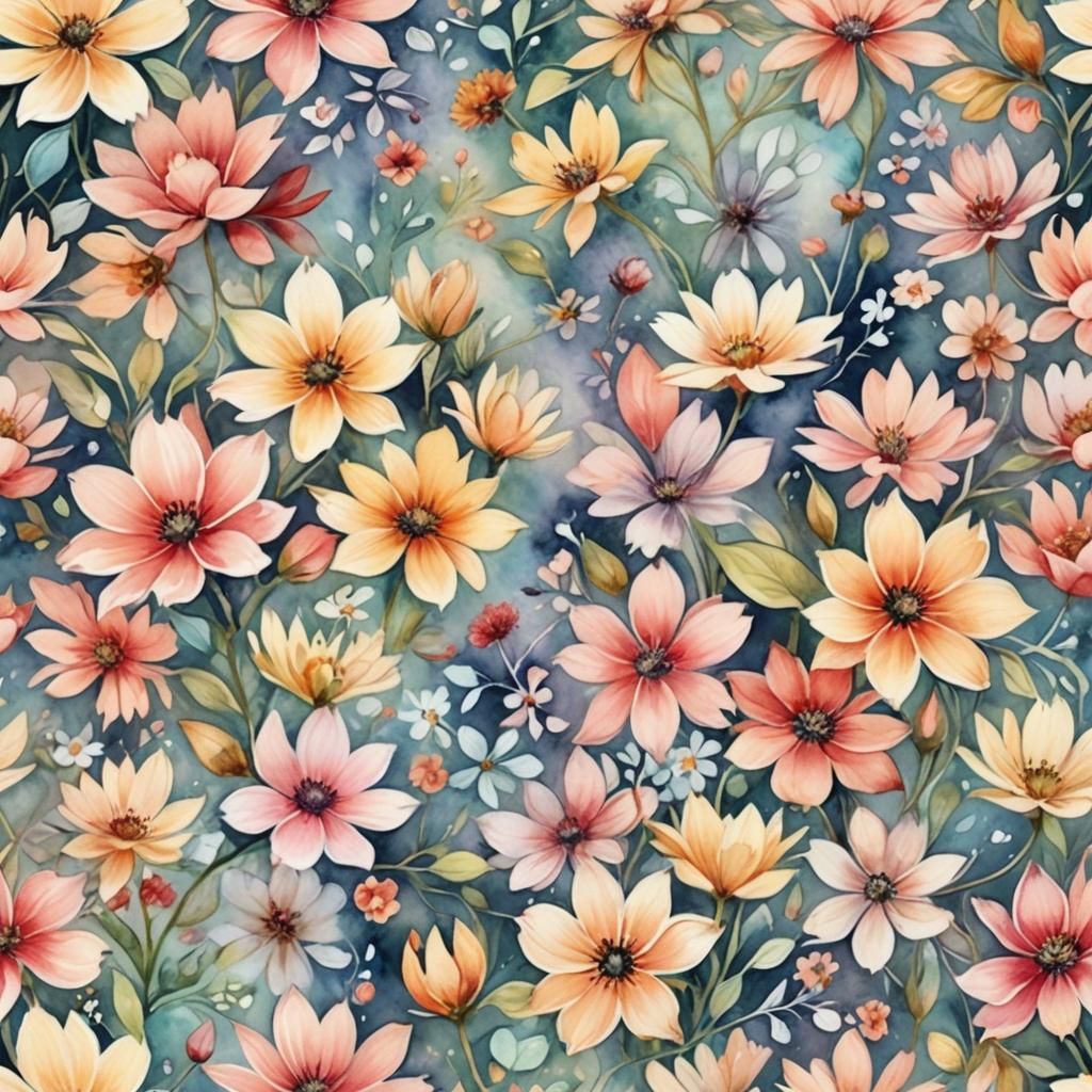 Whimsical Floral Watercolor Textile Pattern in 3D Anime Styl...