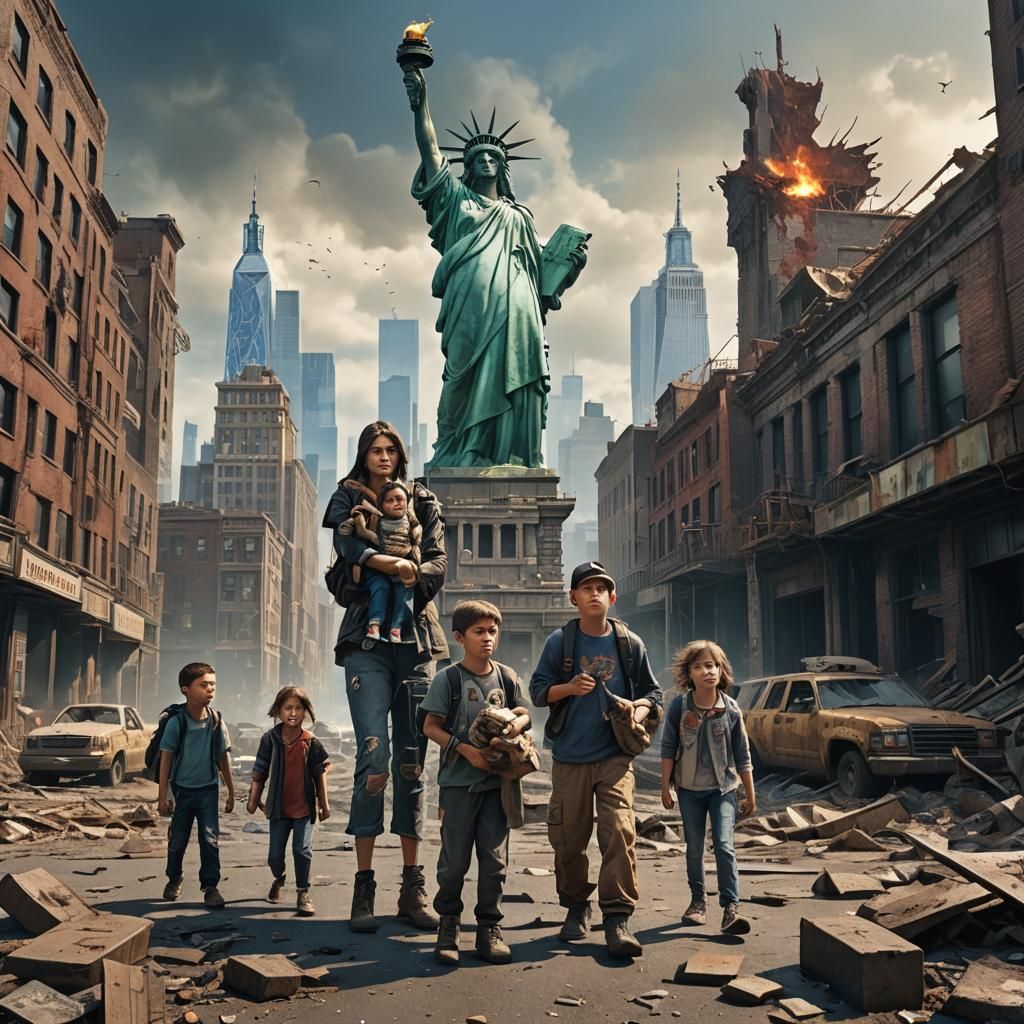 Post-Apocalyptic New York Family in Hyperrealistic Matte Pai...