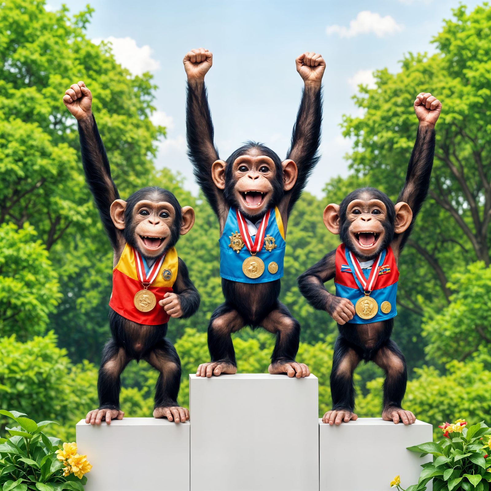 Three Happy Chimpanzees Celebrate Victory