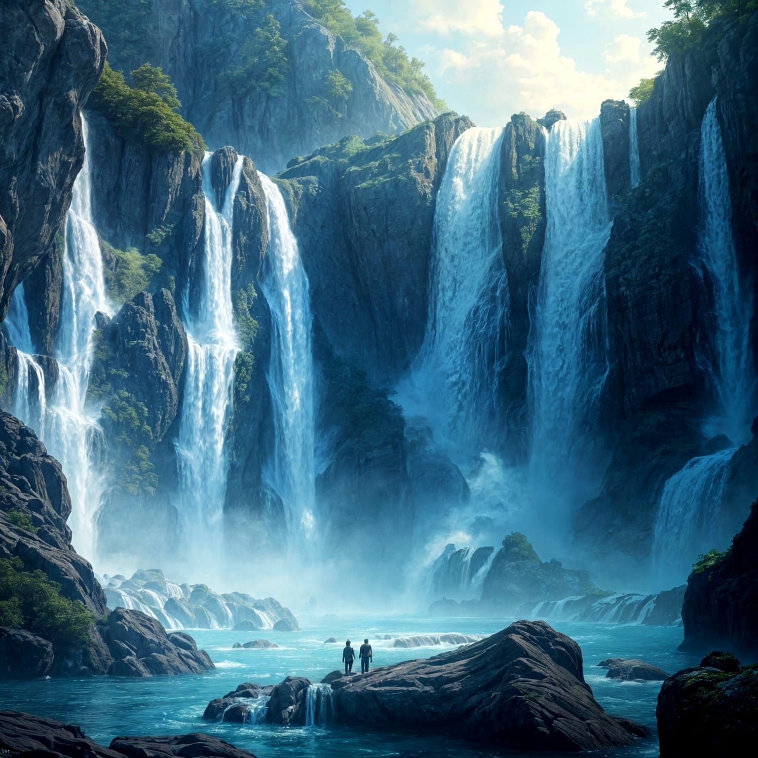 Ethereal Waterfalls in Vibrant Fantasy Landscapes
