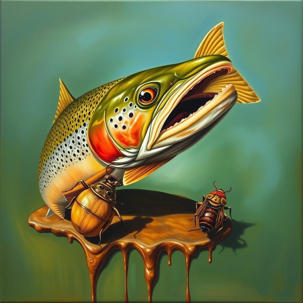 Surreal Rocky Mountain Trout, Dali-esque Oil Painting