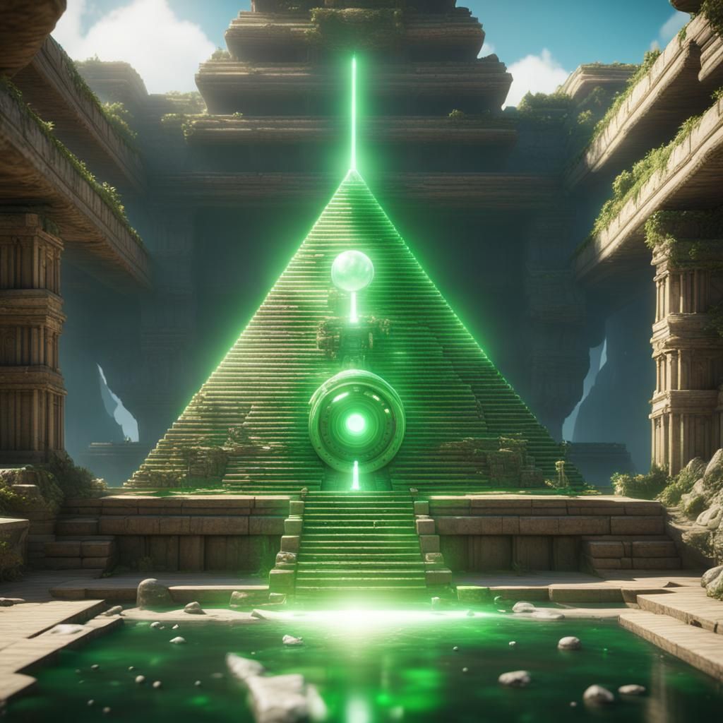 Green Pyramid Temple with Electric Orbs in 3D