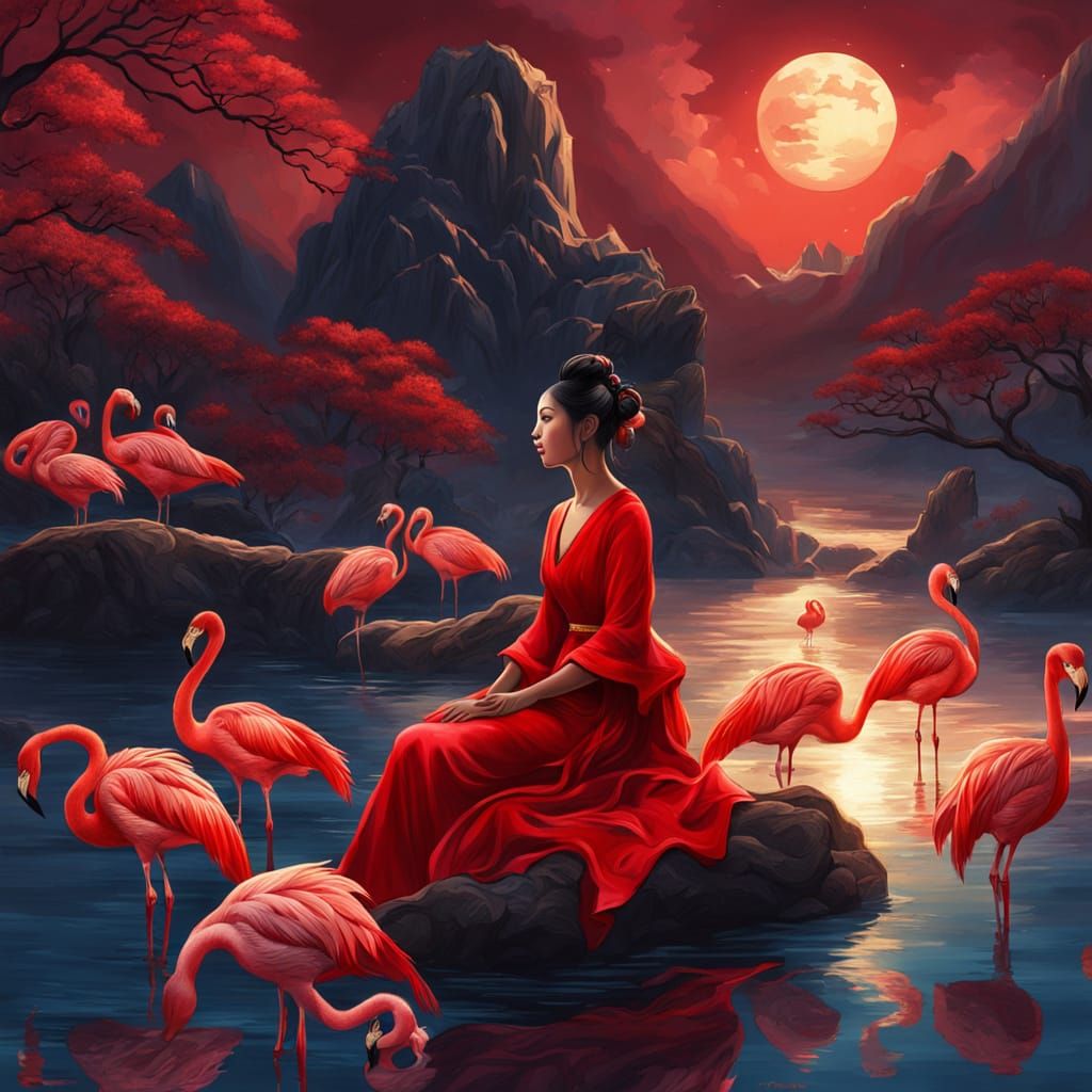 Dreamlike Fantasy: Woman in Red Gown with Flamingos