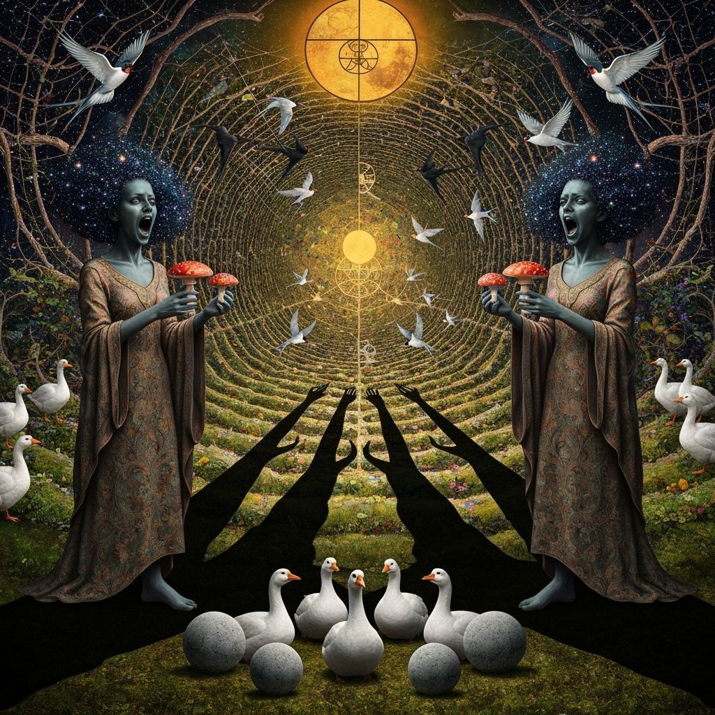 Cosmic Surreal Goddesses in Textured Labyrinth