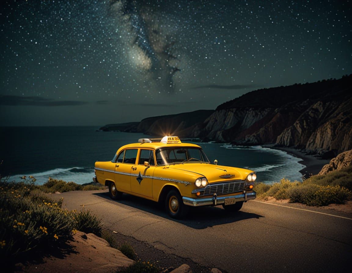 Epic 35mm Film Still of a Checker Cab at Sunset