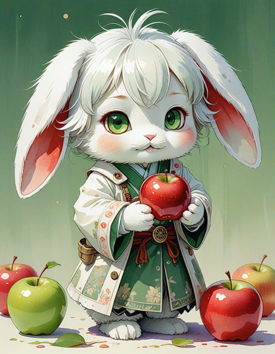 Whimsical Chibi Bunny Holds Red Glass Apple
