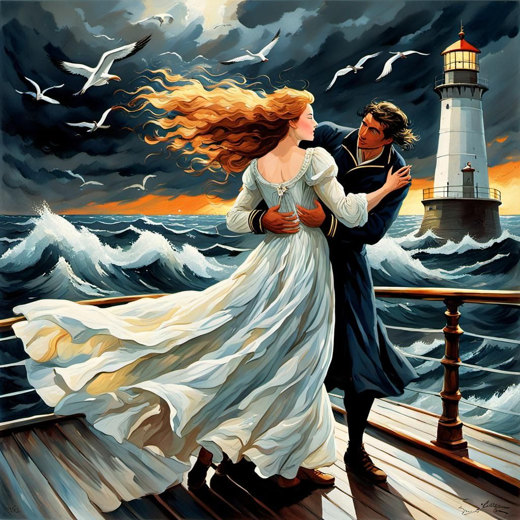 Lovers Reach Across Stormy Sea: Fantasy Concept Art