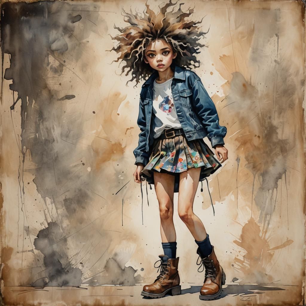 Expressive Watercolor Portrait of a Girl with Wild Hair