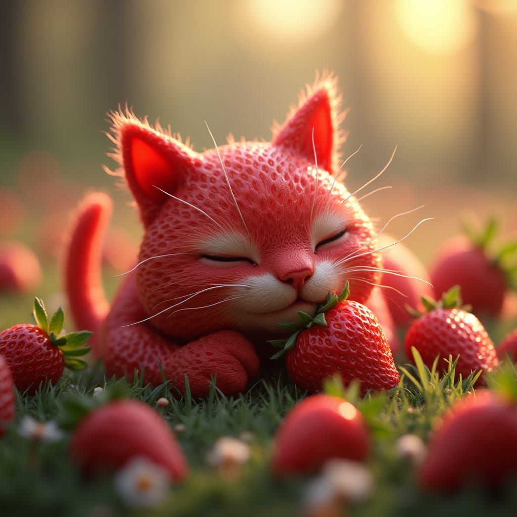 Enchanted Strawberry Feline in Vibrant Meadow