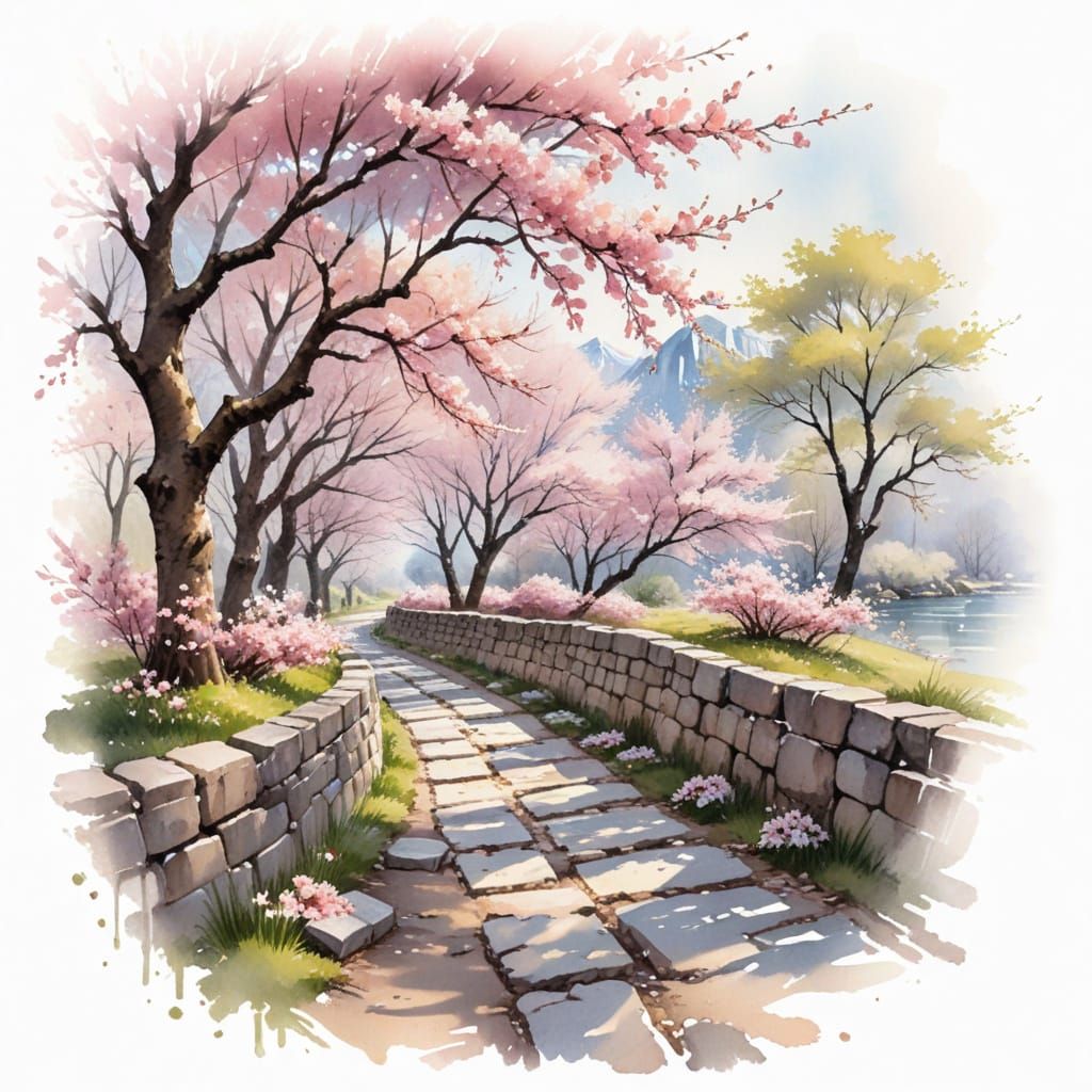 Romantic Cherry Blossom Pathway in Vibrant Watercolor