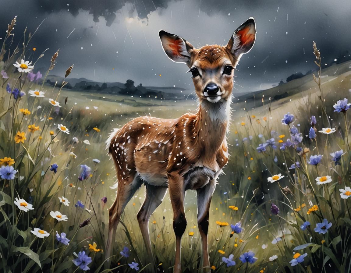 Fawn in Wildflower Field Watercolor Illustration