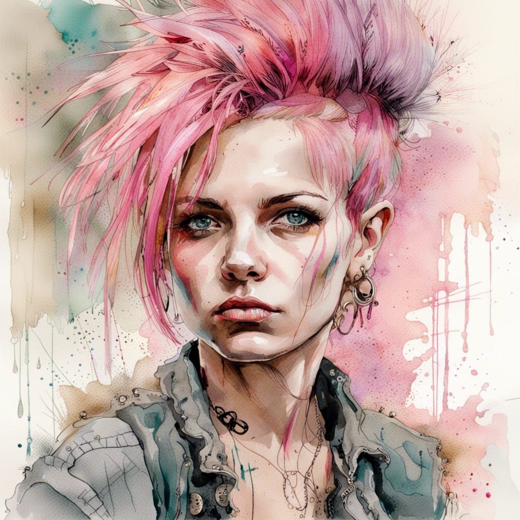 1980s Punk Girl Portrait with Watercolor Effects