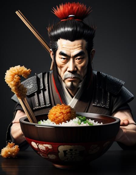 Japanese Samurai eye-balling a ginger sauce sparingly drizzl...