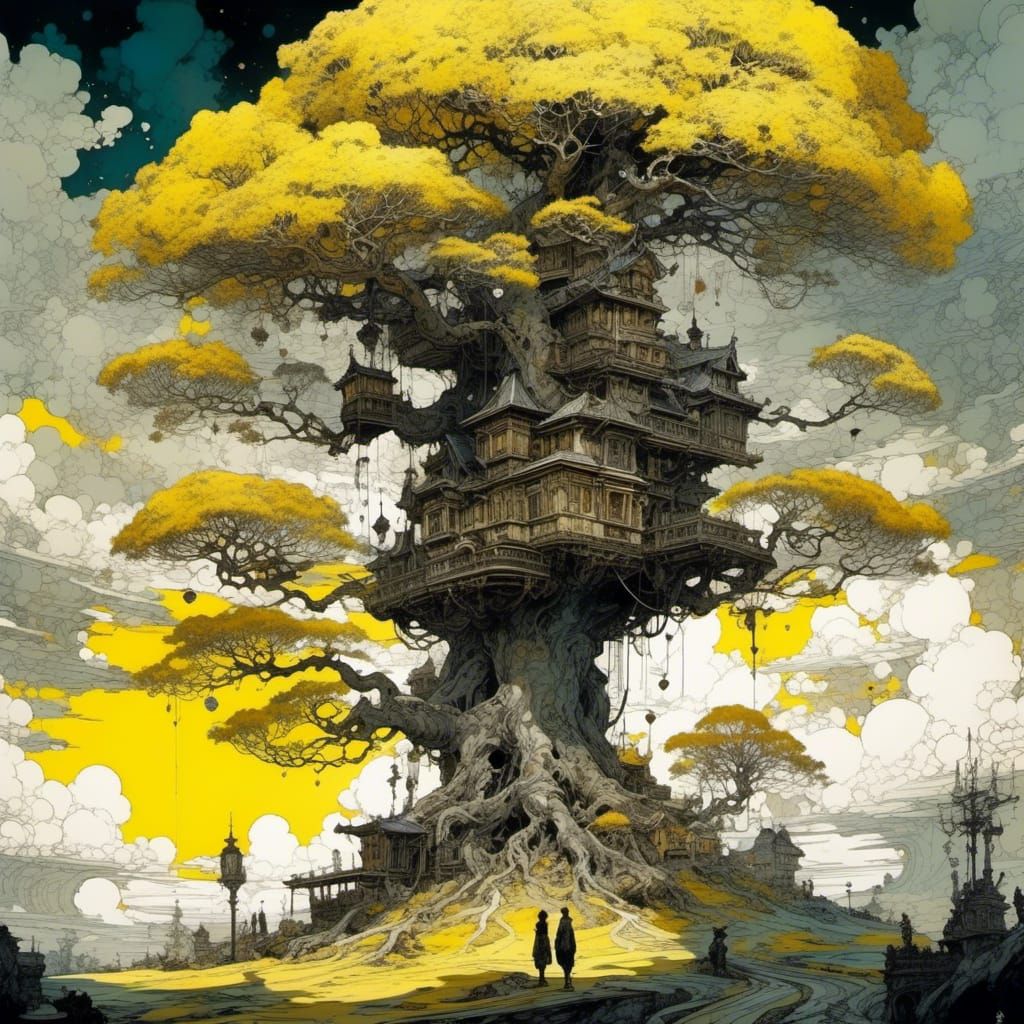 Colorful Tree with Clouds in Surreal Gothic Style