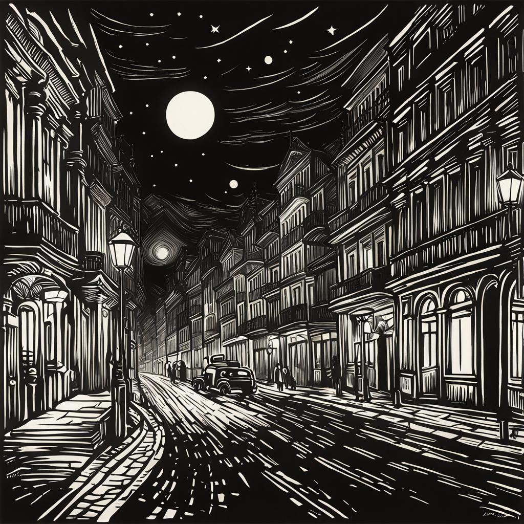 Buenos Aires Night Street in Expressionist Lithography