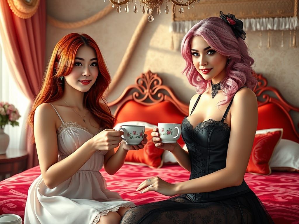Elegant Women Share Morning Tea in Boudoir